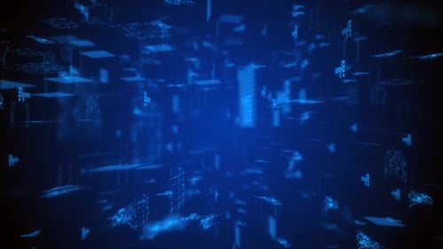 Pantalla de túnel digital HUD del ciberespacio con conexiones de redes de partículas y datos digitales.