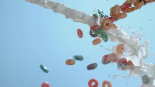 Cereal and milk pouring and splashing in slow motion; shot on Phantom Flex 4K at 1000 fps