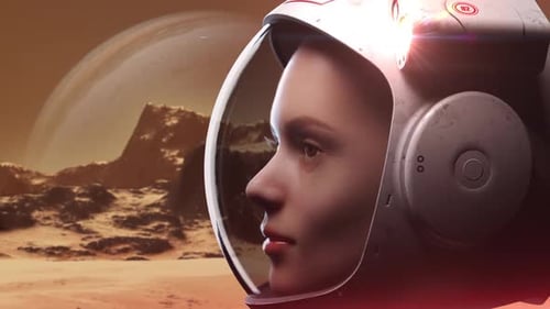 woman astronaut walking on exoplanet side view