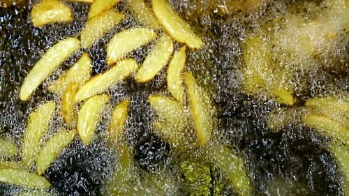 Potatoes are frying in hot boiling oil.