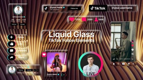 Liquid Glass TikTok Follow Elements Pack | Social Media UI Kit | MOGRT