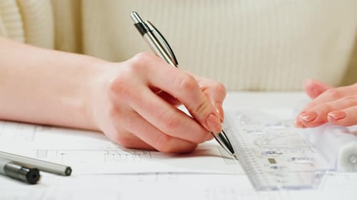 Hands Drawing Architectural Blueprint with Ruler and Pen