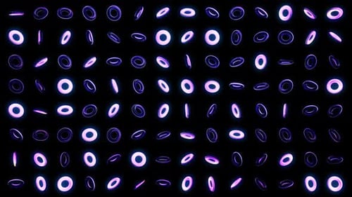 Glowing and rotating set of neon rings on black background