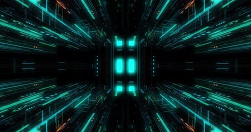 Flying over abstract motion background, a futuristic circuit board loop