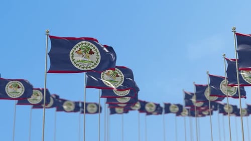 Waving Belize Flags Against a Clear Blue Sky