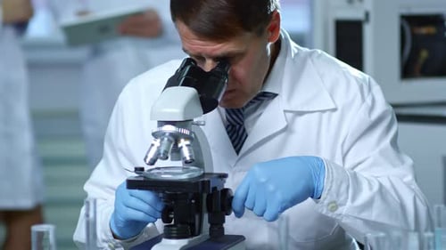 Scientist Using Microscope in Laboratory Setting