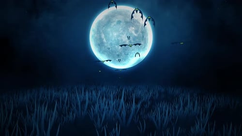 Spooky Halloween Night with Flying Bats and Glowing Full Moon
