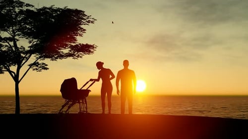 Silhouette of Family with Newborn Children and View of Sunset