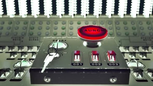 A retro launch control center with red 'Launch' button on the console.