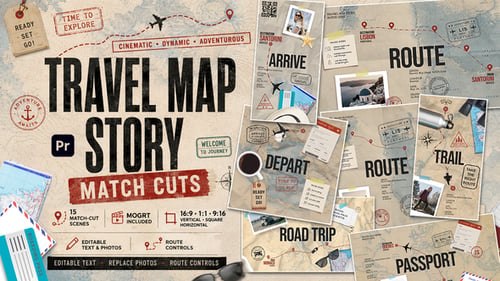 Travel Map Match Cut Story Template for Premiere Pro – 15 Scenes