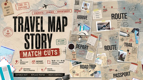 Travel Map Match Cut Story Template for After Effects – 15 Scenes