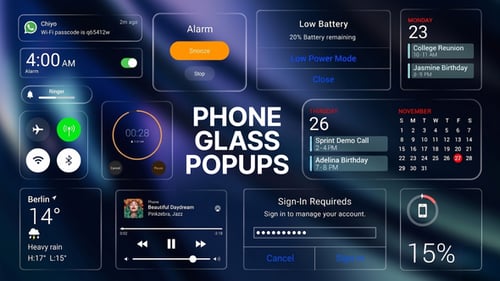 Liquid Glass Mobile UI Elements and Notification Popups