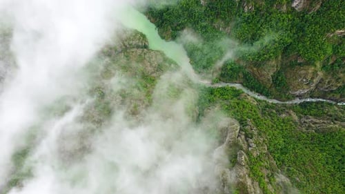 Summer Mountain Forest with River Top Down Aerial View Fly Over Sky and Clouds