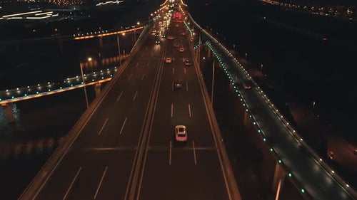 Aerial Top View of Highway Interchange at Night