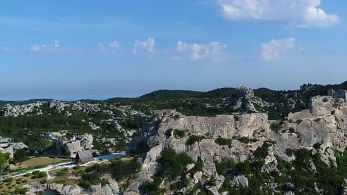 Village of Les Baux-de-Provence in Bouches-du-Rhone in France from the sky
