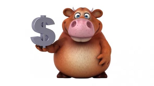 3D Cartoon Cow Holding Dollar Sign and Presenting an Idea