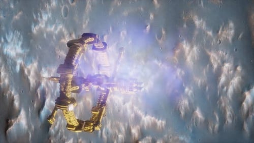 Futuristic Space Station Orbiting Alien Planet in Cosmic Scene