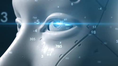 the head of the robot. the camera moves slowly from close-up to general showing the robot