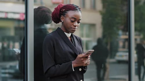 Serious Confident Professional Specialist Afro American Business Woman African Girl Stands in City