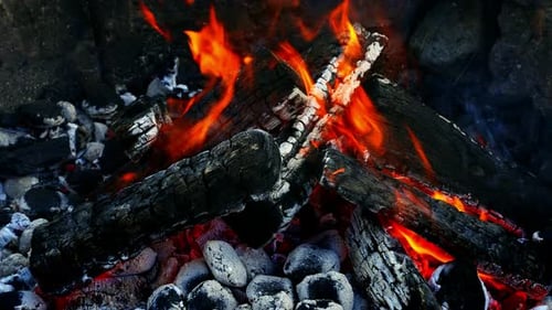 Gros plan de charbons ardents et de bois dans le feu de camp