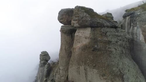 Misty Mountain Rock Formations Aerial View