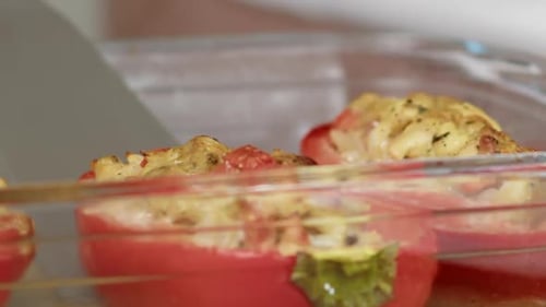 Stuffed Bell Peppers in Baking Dish Close Up