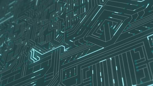 Animated Futuristic Circuit Board with Glowing Data