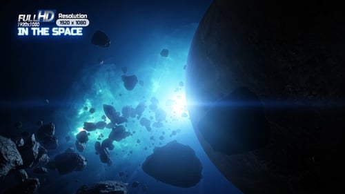 Cosmic Journey Through Asteroid Field with Distant Planet