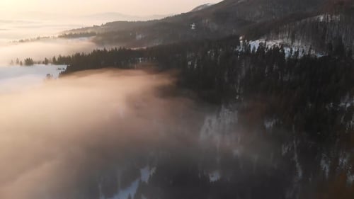 Aerial Drone View to Fog and Clouds Over Carpathian Mountains