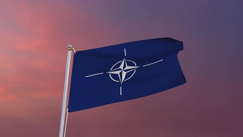 Realistic NATO Flag Waving Against Sunset Sky