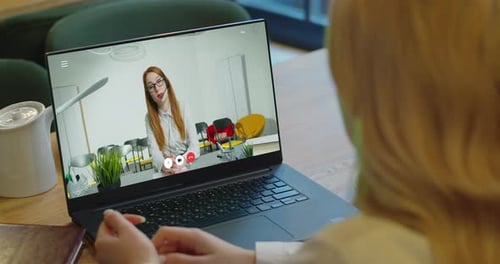 Woman Studying at Home Office Online By Conference Video Call Laptop Speak Communicates Teacher