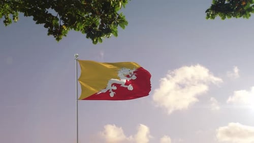 Bhutan Flag Waving with Modern City Skyline Background