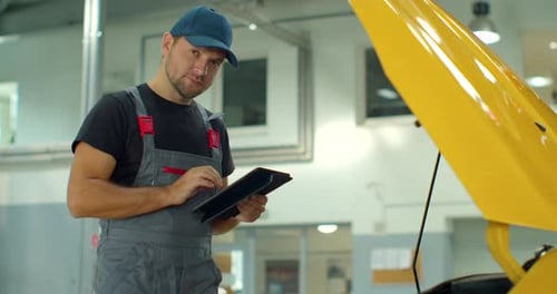 In a Garage a Mechanic Using the Tablet Makes the Oil and Engine Check To the Car Smiles. Concept Of