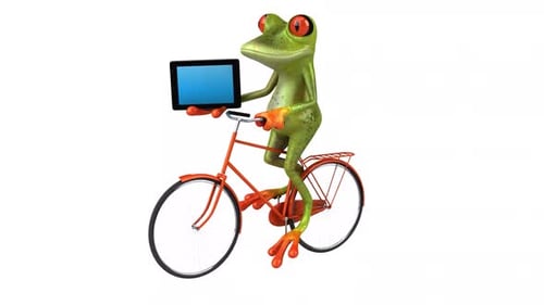 Animated 3D Frog Character on Bicycle Holding a Tablet