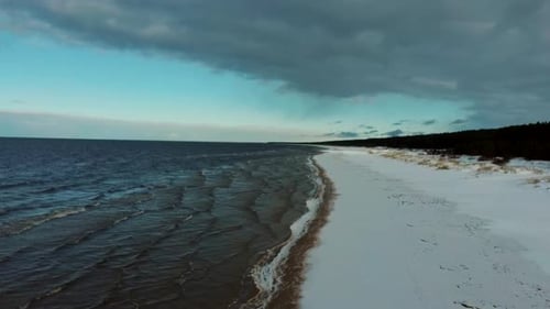 Aerial View at the Baltic Sea, Winter Season Landscape by the Sea in Sunny Day.
