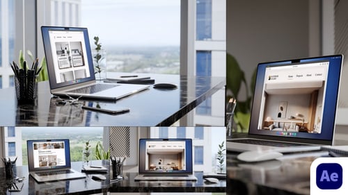 Laptop Screen Mockup - Modern Executive Office Interior - 6 SET AE Template