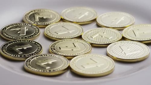 Rotating shot of Litecoin Bitcoins (digital cryptocurrency) - BITCOIN LITECOIN 0014