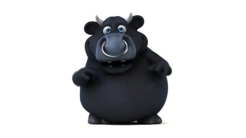 Funny 3D Cartoon Black Bull Character Waving and Pointing