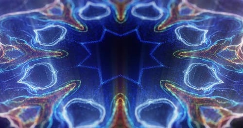 Kaleidoskop mit farbigen glänzenden und leuchtenden Partikeln auf Schwarz.