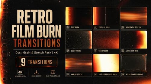 Retro Film Burn Transitions — Dust, Grain & Stretch Pack | 4K