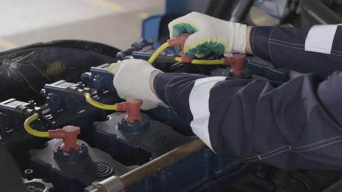 Mechanic performing technical maintenance of a truck