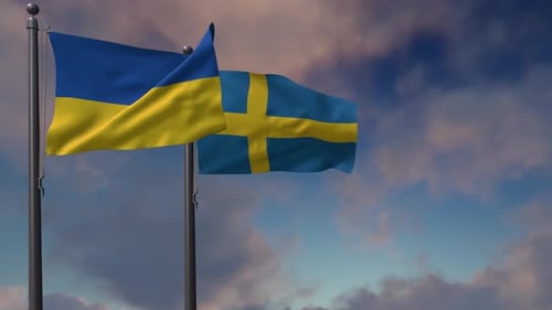 Ukrainian and Swedish Flags Flying Together in Blue Sky