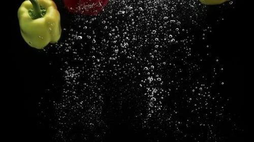 Bright Bell Peppers Falling into Water