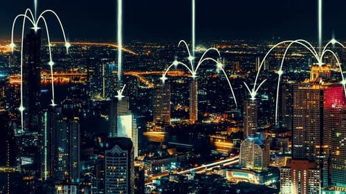 Night Cityscape with Animated Network Connections