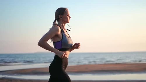 Athletic Woman Morning Running Sport Exercise Sunrise Sunset Sea Beach Healthy Lifestyle Slowmo