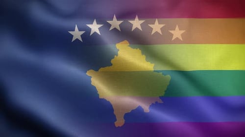Waving Kosovo Flag with Rainbow Overlay