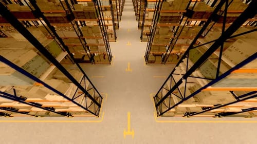 Flight through the huge warehouse with infinite packages amount. Loopable. HD