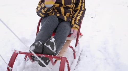 Child Sledding Downhill in a Snowy Park