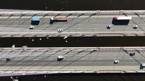 Cars Driving on Cable-stayed Bridge, Aerial View.