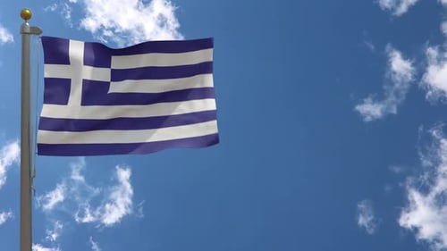 Realistic Waving Greek Flag on a Flagpole against Blue Sky